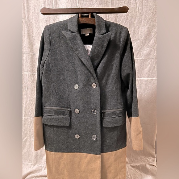 MICHAEL KORS. Grey Tan Wool Color Block Long Jacket Peacoat Coat NWT - Picture 1 of 14